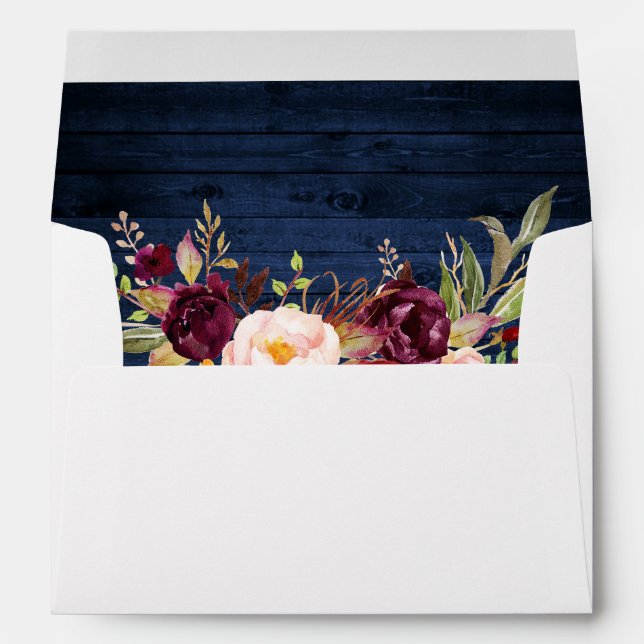Enveloppe Rustique Bleu Bois Bourgogne Floral Invitation (Dos (Bas))