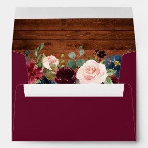 Enveloppe Rustique Bourgogne Blue Floral Wood Invitation