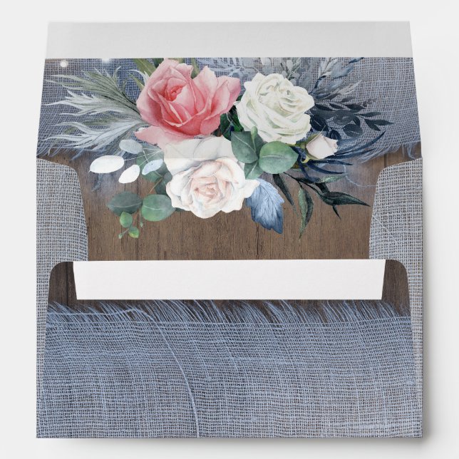 Enveloppe Rustique Dusty Blue Linen Bois Mariage Floral (Dos (Bas))