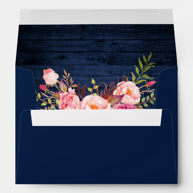 Enveloppe Rustique rose Floral Blue Wood Invitation (Dos (Bas))