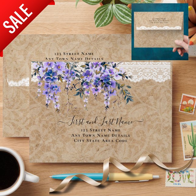 Enveloppe Rustique Wisteria Floral Lace Mariage A7 (Créateur téléchargé)
