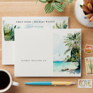 Enveloppe Sable Tropical Beach Aquarelle Palm Trees Mariage