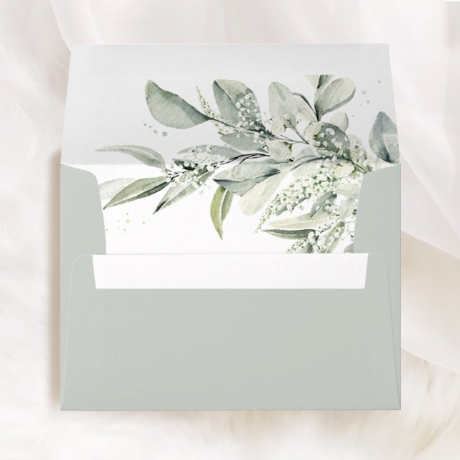 Enveloppe Sage Green Botanical Wedding Liner & Printed (Sage green botanical wedding envelope liner, printed greenery watercolor, elegant wedding stationery)