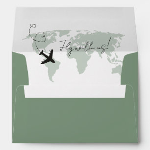 Enveloppe Sage Green Destination Airplaine World map Mariage