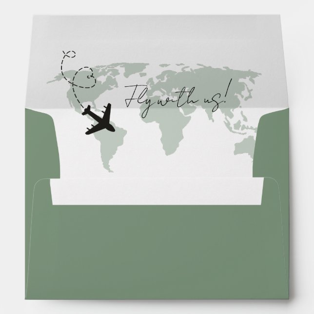 Enveloppe Sage Green Destination Airplaine World map Mariage (Dos (Bas))