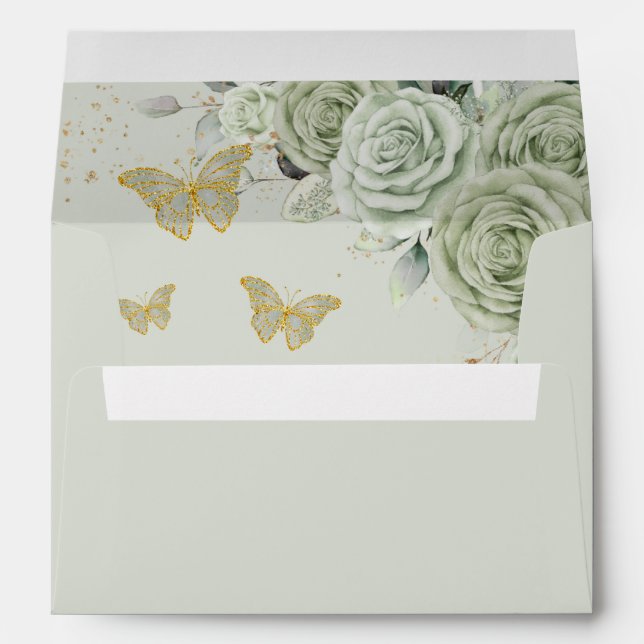 Enveloppe Sage Green Floral Quinceañera Sweet 16 Papillon (Dos (Bas))