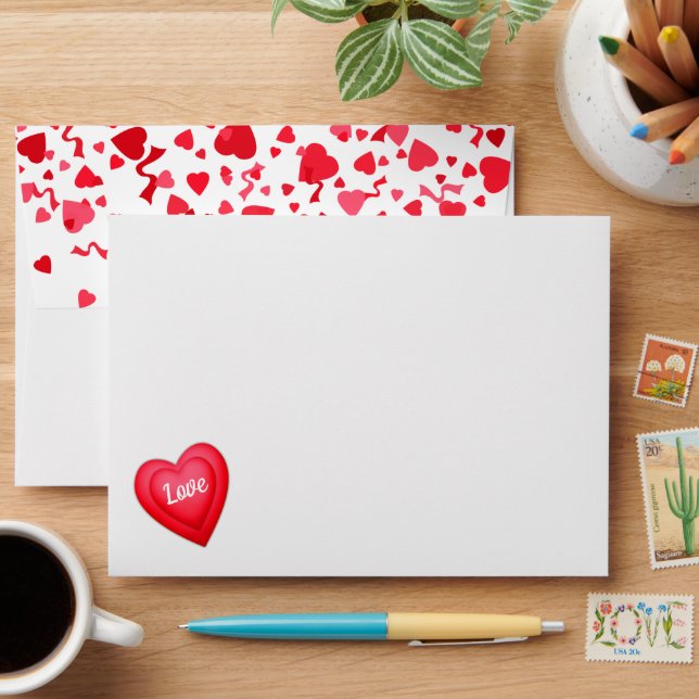 Enveloppe Saint Valentin Coeurs de Confetti Rouge Personnali (Desk)