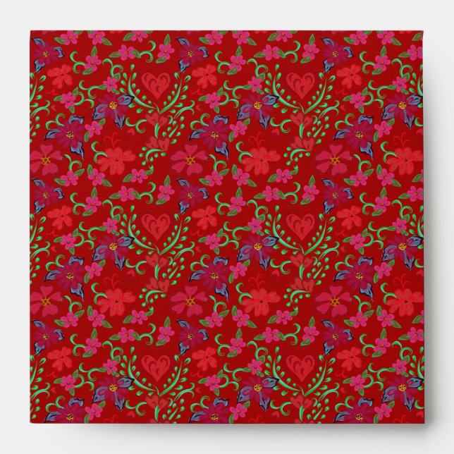 Enveloppe Saint Valentin Fleur rouge et Coeurs (Devant)