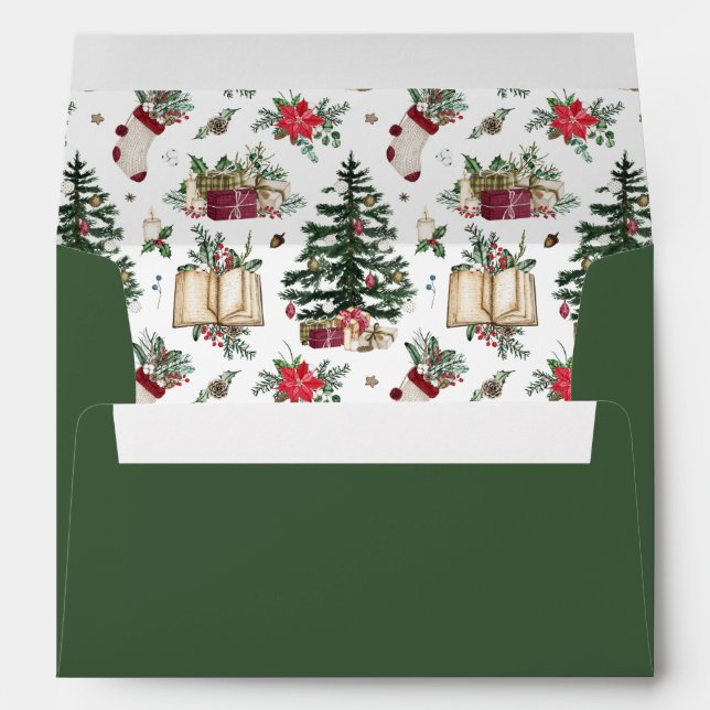 Enveloppe Sapin de Noël Floral Festif Fêtes Moderne Vert (Dos (Bas))