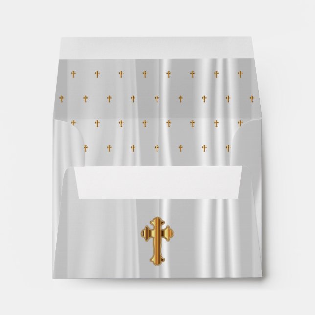 Enveloppe Satin blanc religieux avec des croix d'or (Dos (Bas))