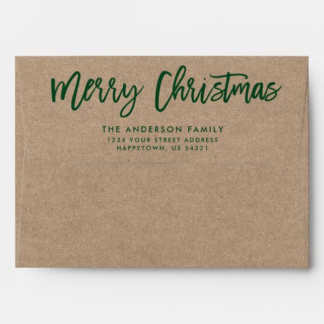 Enveloppe Script de Brève moderne Joyeux Noël Kraft Vert (Dos (Haut rabat))