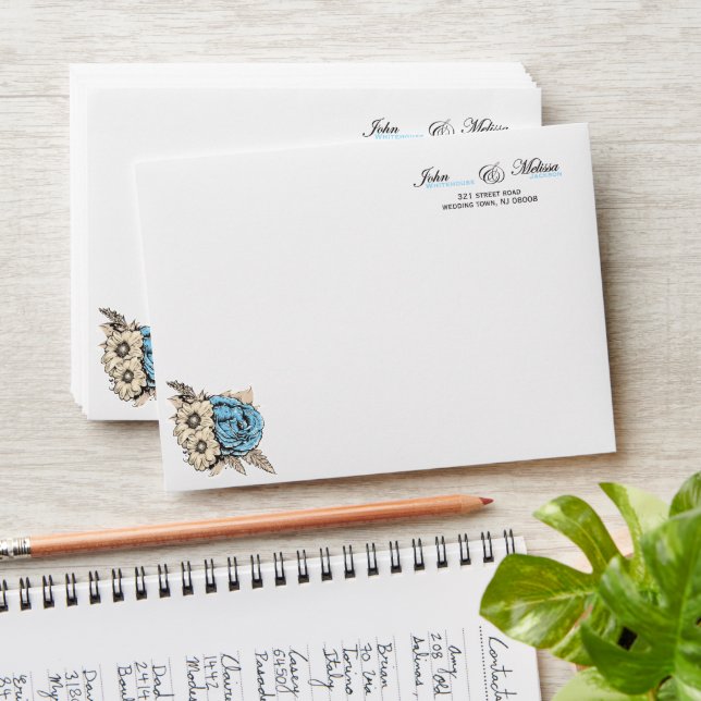 Enveloppe script élégant avec rose dans le coin (Stacked)