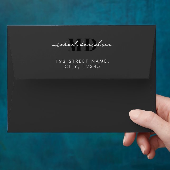 Enveloppe Script moderne noir & blanc élégant Monogramme (Hand)