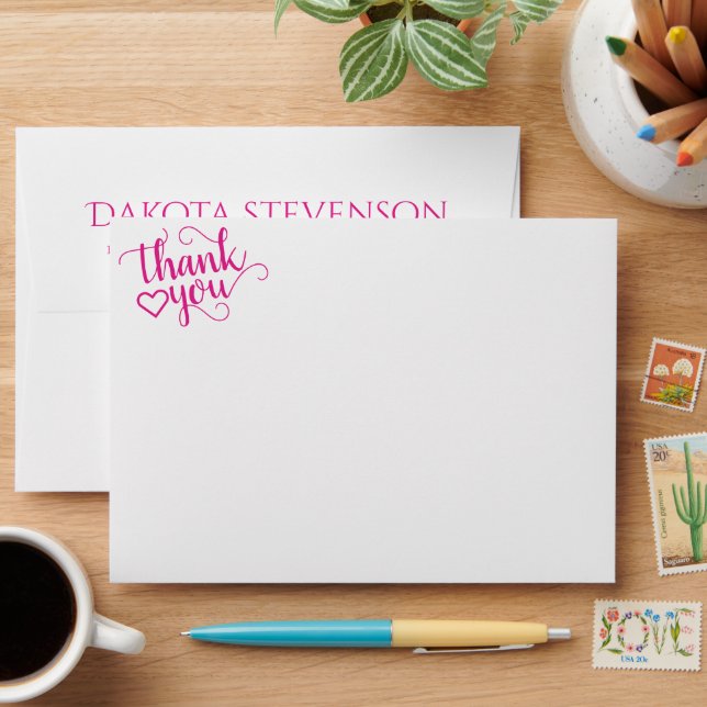 Enveloppe Script rose chaud simple | Merci cardiaque magenta (Desk)