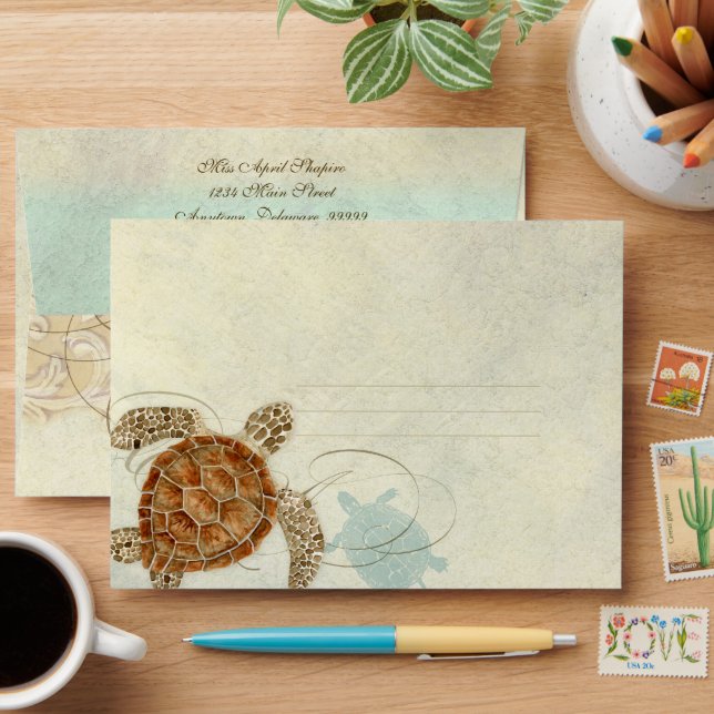 Enveloppe Sea Turtle Modern Coastal Ocean Beach Swirls (Desk)