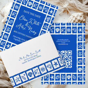 Enveloppe Seashell Grid Plage Mariage Bleu Blanc CUSTOM