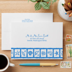 Enveloppe Seashell Grid Plage Mariage Bleu Blanc CUSTOM