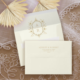 Enveloppe Sepia floral crest monogram vintage ivory wedding