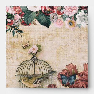 Enveloppe Shabby chic, collage vintage, oiseaux, papillons,