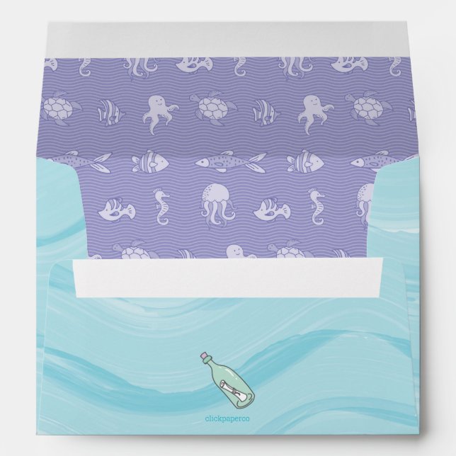 Enveloppe Sirène mauve à peau claire et tortue de mer (Dos (Bas))