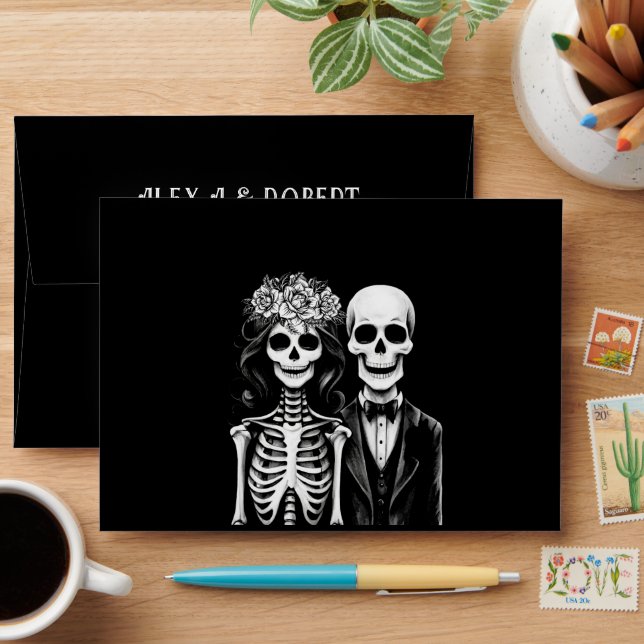 Enveloppe Squelette gothique couple mariage floral (Desk)