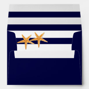 Enveloppe Starfish bleu marine, rayures blanches mariage mon