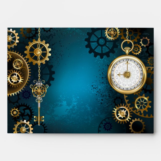 Enveloppe Steampunk Arrière - plan turquoise avec Gears (Devant)