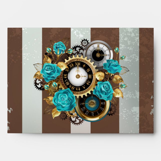 Enveloppe Steampunk Clock and Turquoise Roses on Striped (Devant)