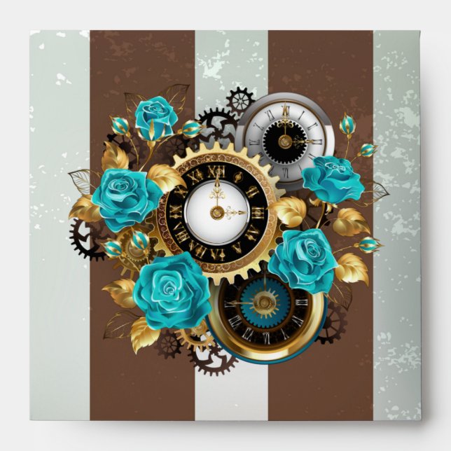Enveloppe Steampunk Clock and Turquoise Roses on Striped (Devant)