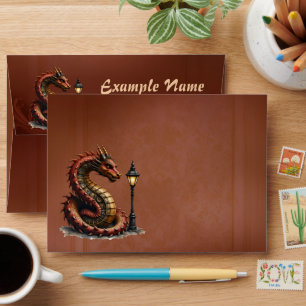 Enveloppe Steampunk Dragon à côté d'un lampadaire vintage.