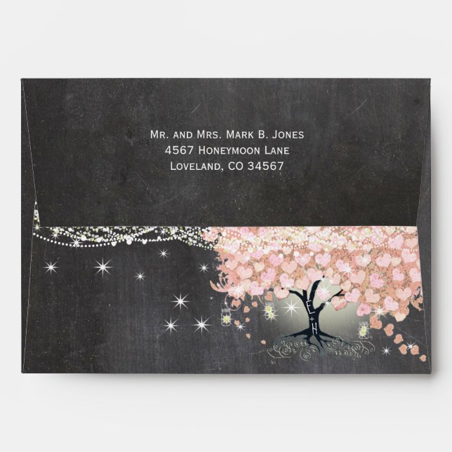 Enveloppe Tableau noir Pink Heart Leaf Tree Invitation (Dos (Haut rabat))