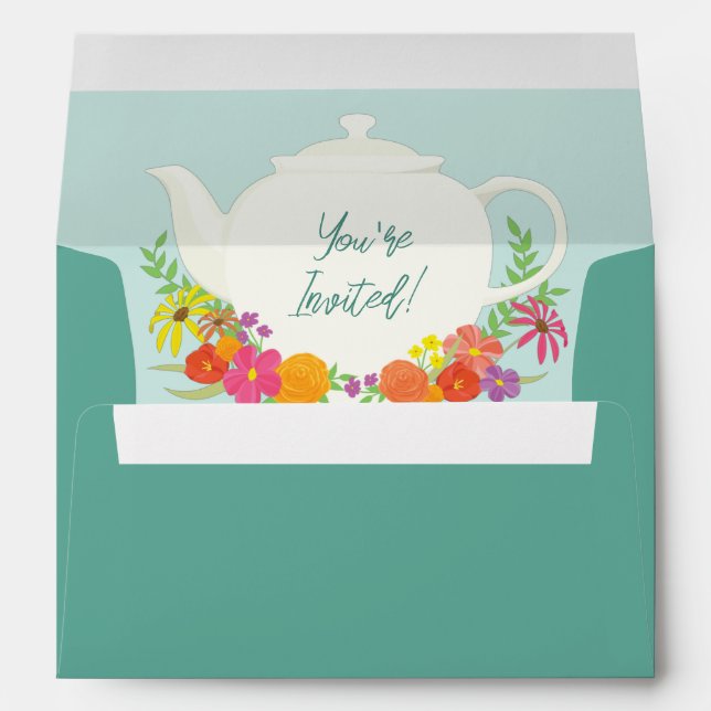 Enveloppe Tea Party Baby shower Teapot Spring Floral (Dos (Bas))