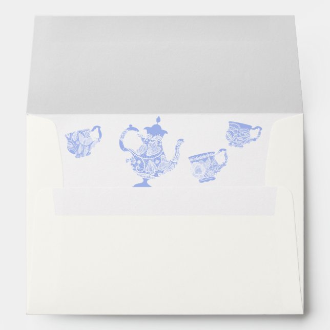 Enveloppe Tea Party Blue Chine Set White Lace Fête des marié (Dos (Bas))