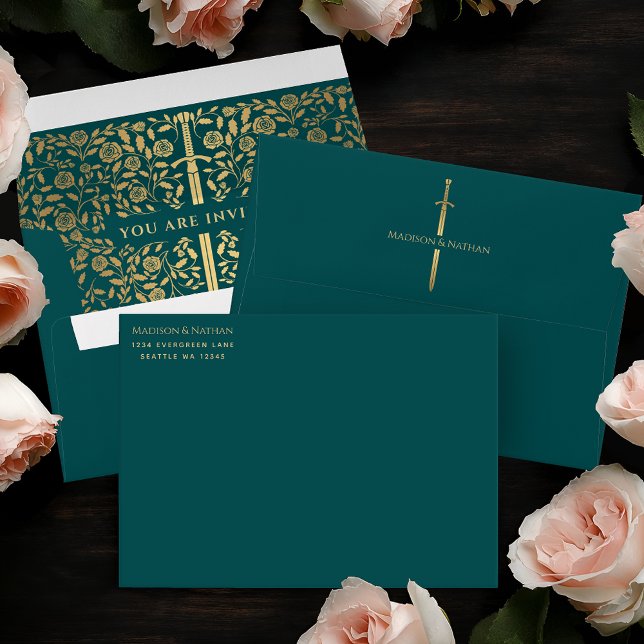 Enveloppe Teal Royal Medieval Gold Sword Wedding Envelope (Créateur téléchargé)