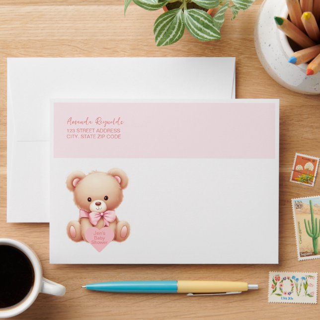 Enveloppe Teddy Bear Pink Baby shower Adresse de retour (Desk)