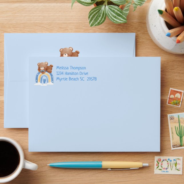 Enveloppe Teddy Bear Rainbow Boys Baby shower Adresse Blue (Desk)