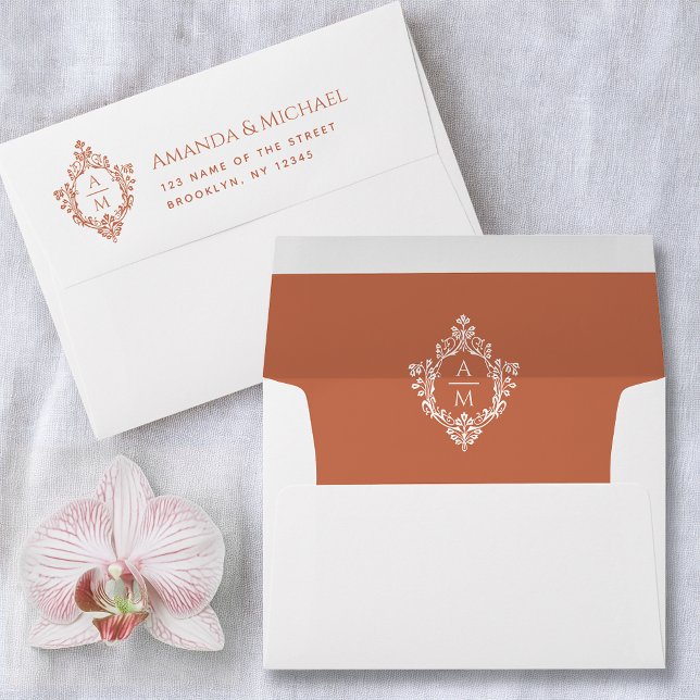 Enveloppe Terracotta Crest Mariage Monogramme Adresse Vintag (Créateur téléchargé)