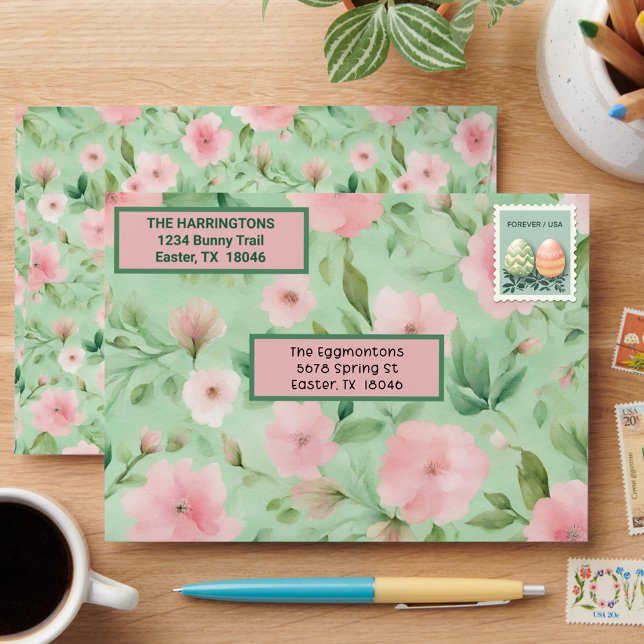 Enveloppe Texte personnalisé de Pâques Pastel Rose & Vert Fl (Créateur téléchargé)