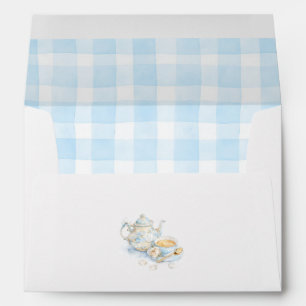 Enveloppe Théière florale Tasse de thé Ruban bleu Vichy