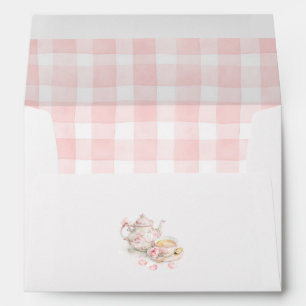 Enveloppe Théière florale tasse de thé ruban rose gingham