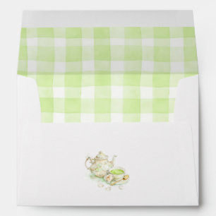 Enveloppe Théière florale Tasse de thé Ruban vert Gingham