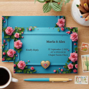 Enveloppe 💍 Thème de mariage Cœur Rose Rose Bleu Or 🌸