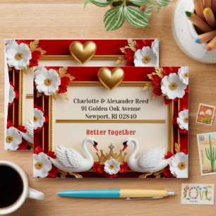 Enveloppe 💍 Thème de mariage Cygne blanc Perle Rouge Or 🦢