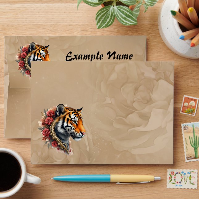 Enveloppe Tigre de Steampunk avec illustration Rose (Desk)