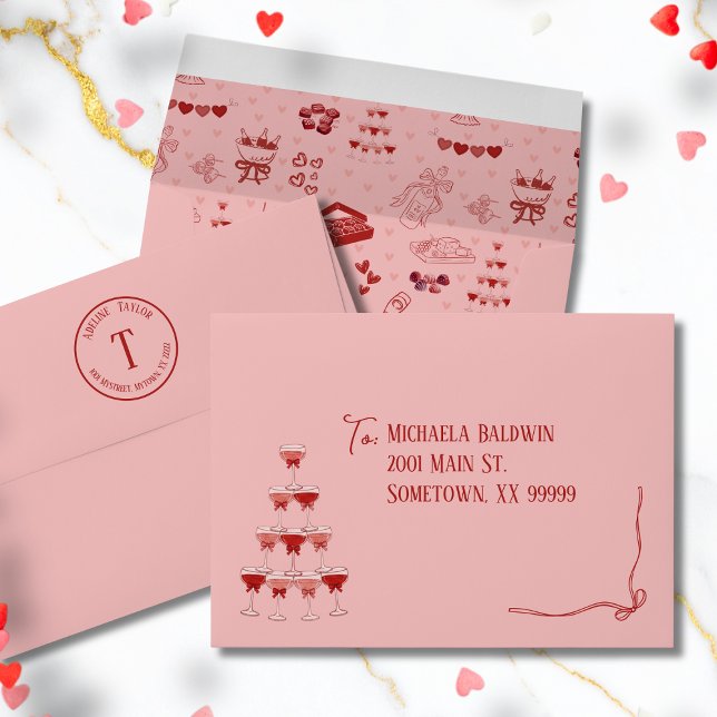 Enveloppe Tour Champagne Galentine Rose Ruban Coquette (Créateur téléchargé)
