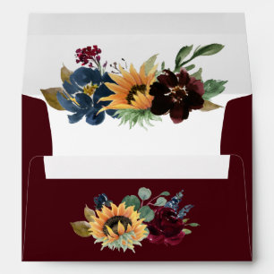 Enveloppe Tournesol et Rose Bourgogne Rouge Mariage bleu de 