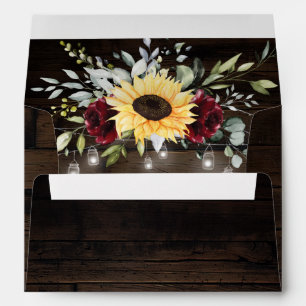 Enveloppe Tournesol et rose rouge bordeaux Mariage rustique