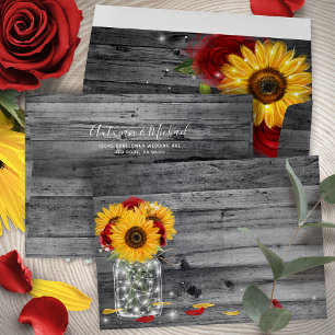 Enveloppe Tournesol gris rustique et Mariage rose rouge