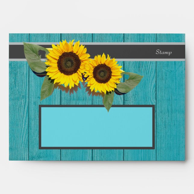 Enveloppe Tournesol Mariage rustique Turquoise en bois gris  (Devant)