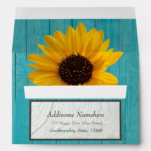 Enveloppe Tournesol Mariage rustique Turquoise en bois gris (Dos (Bas))